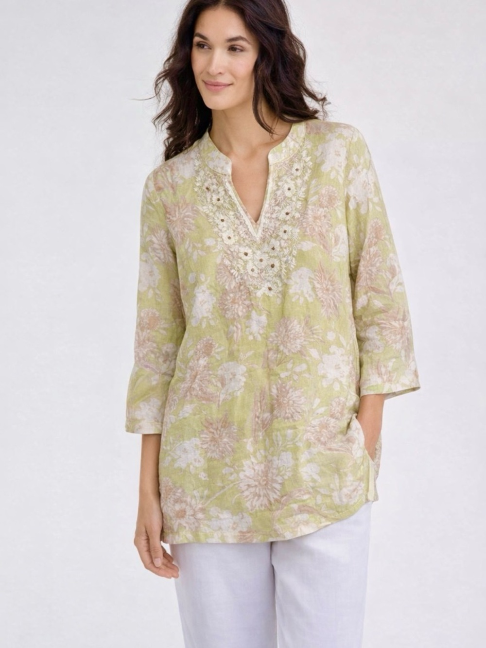 Charter club linen Floral Embroidered V-Neck Tunic in Light Green XL